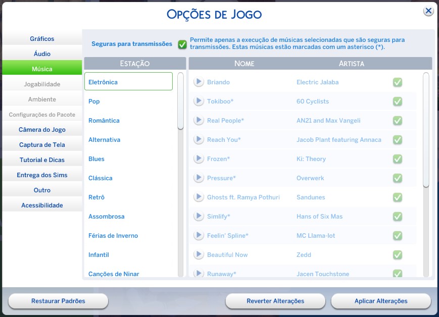 The Sims 4 - Opções de Jogo - Músicas seguras para transmissão The Sims 4 - Opções de Jogo - Músicas seguras para transmissão